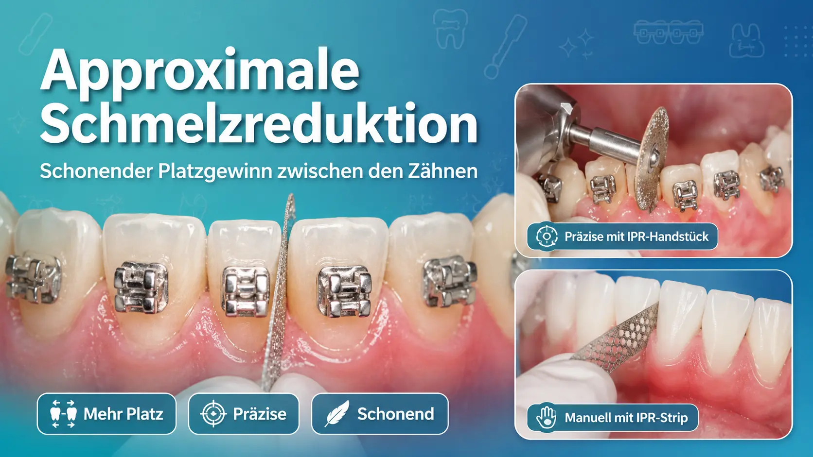 Approximale Schmelzreduktion (IPR) bei Zahnspangen Approximale Schmelzreduktion schafft mit IPR-Streifen oder Handstück gezielt Platz zwischen den Zähnen