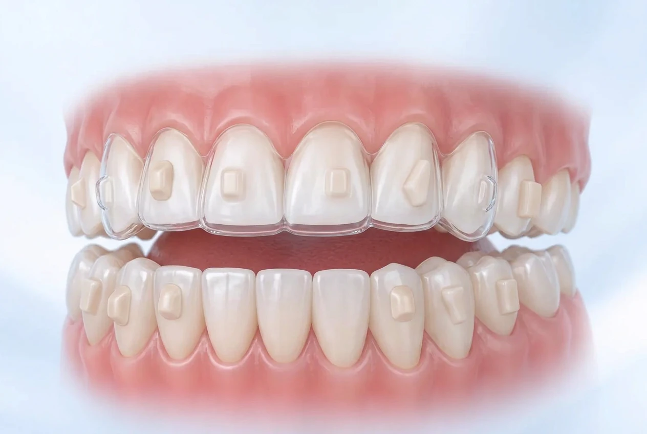 Invisalign Attachments – Aligner-Attachments in der KFO Invisalign Attachments: zahnfarbene Komposit-Attachments mit eingesetzter Aligner-Schiene im Oberkiefer und ohne Schiene im Unterkiefer – Attachments KFO erklärt
