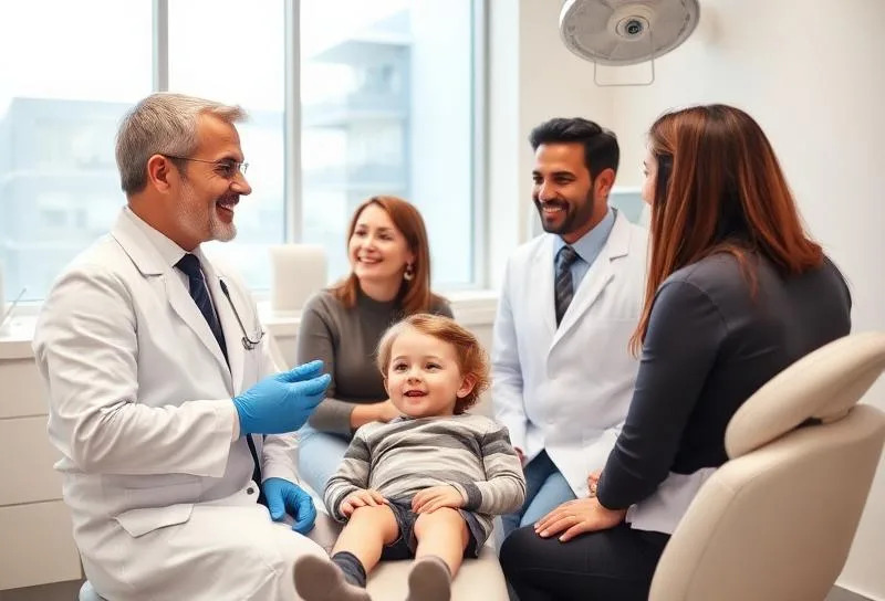 Zahnarzt berät Eltern und Kind in moderner Praxis – Schulzahnarzt vs. Kieferorthopäde
