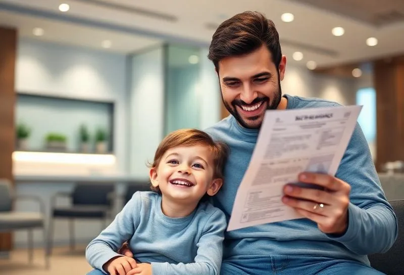 Vater und Kind lesen Überweisungsschreiben der Schulzahnklinik Zürich