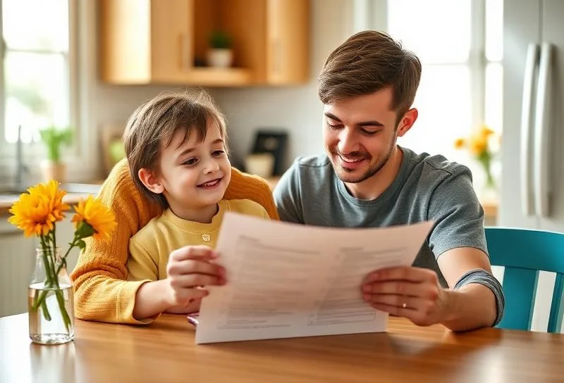 Eltern und Kind besprechen Zahnspangen-Checkliste am Küchentisch
