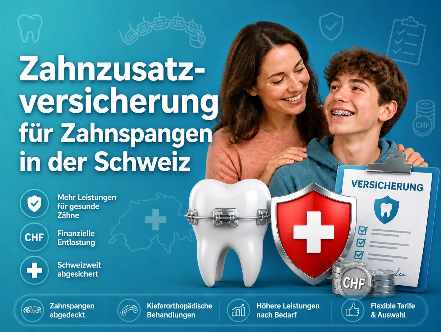 Grafik zur Zahnzusatzversicherung für Zahnspangen in der Schweiz mit Mutter und Kind, Schutzsymbol und Versicherungsdokument